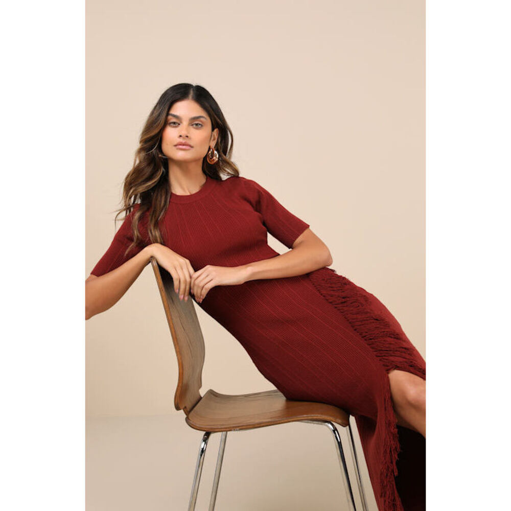 Lulus Casual Drama Brick Red Ribbed Fringe Short Sleeve Midi Dress - Size M